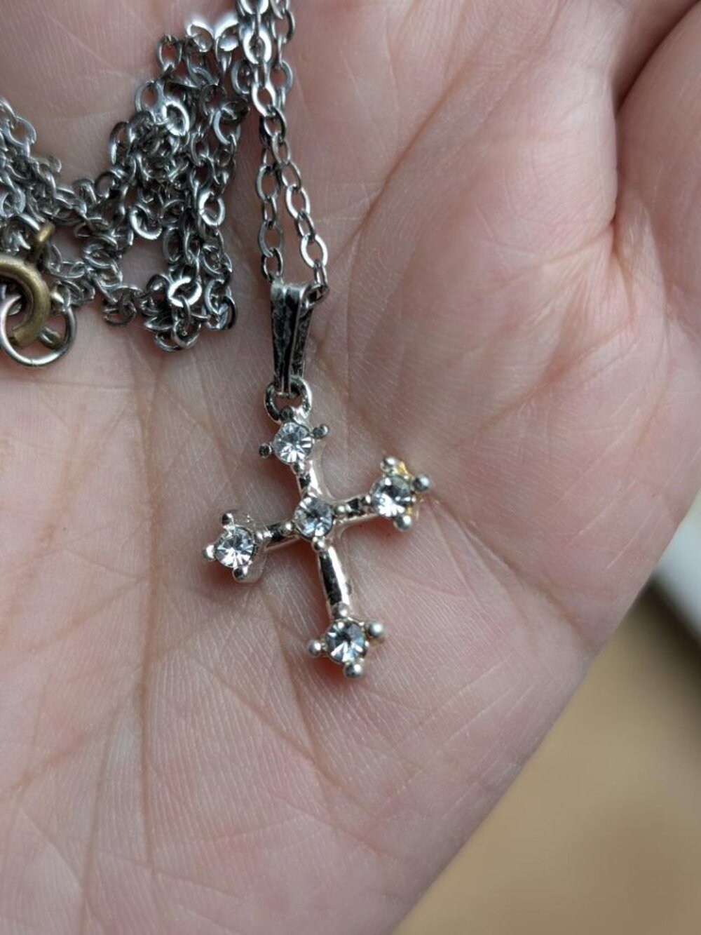 Vintage Silver Toned Cross with Rhinestones Pendant Necklace